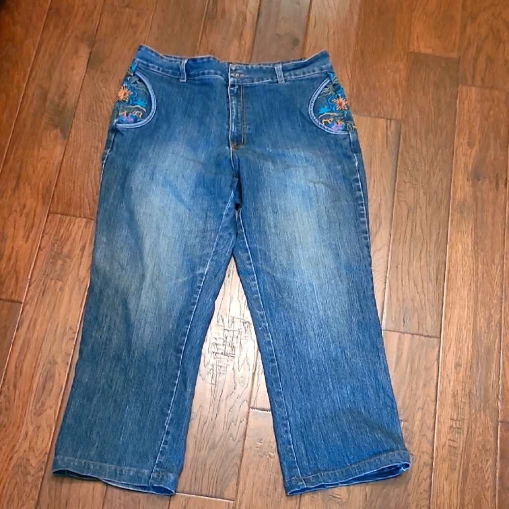 Ashley Stewart Denim Flare Jeans with Floral Detail